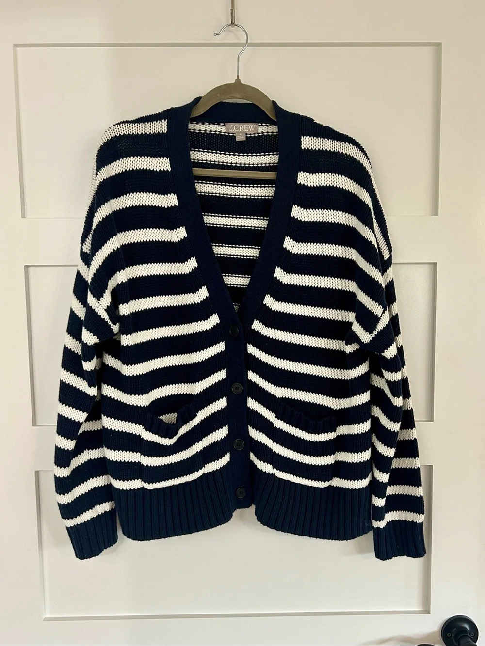 J. Crew Navy & White Striped Button-Front Cotton Cardigan Sweater